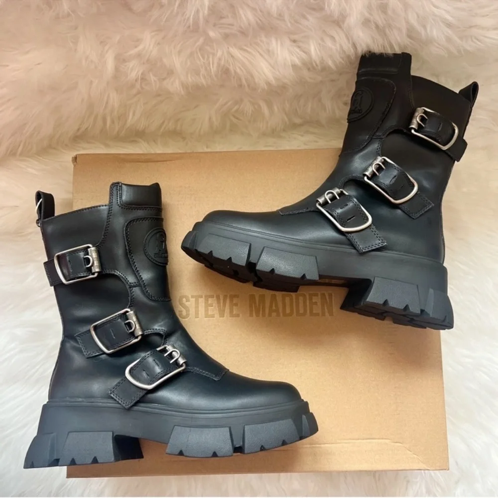 ❤️SOLD❤️ Steve Madden Chunky Sole Platform Moto Combat Boots in Black Leather - Picture 3 of 11